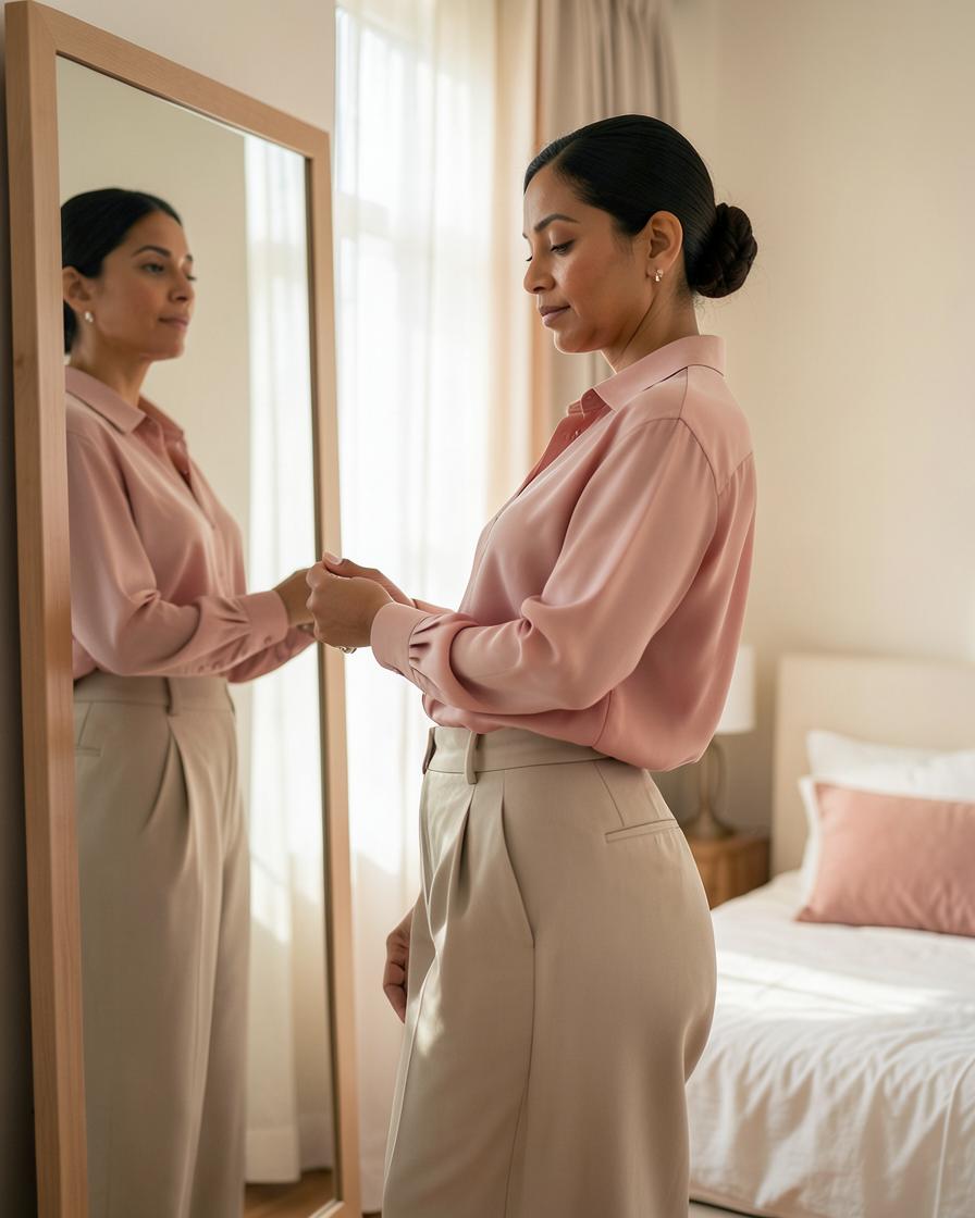Mulher observando seu corpo no espelho depois de emagrecer