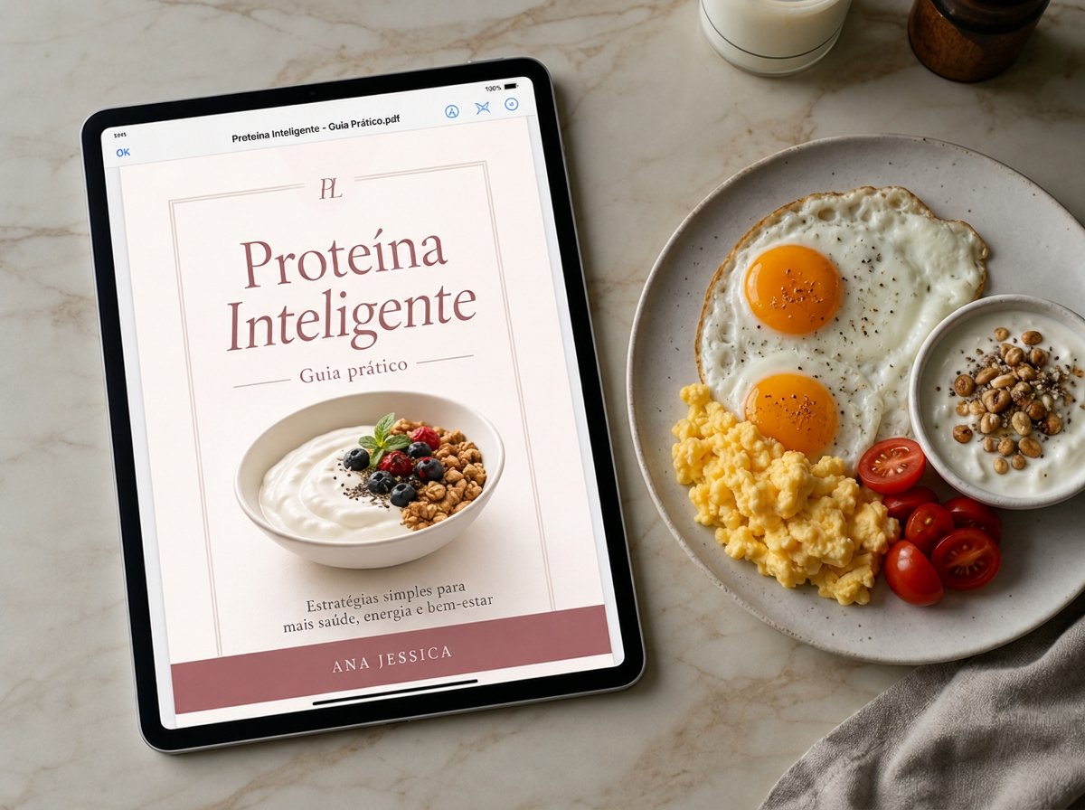 Guia em PDF Proteína Inteligente aberto no tablet ao lado de um café da manhã proteico